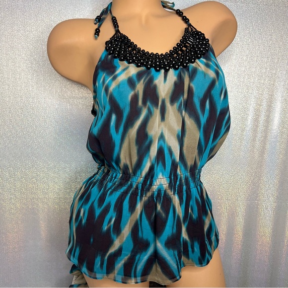 Bebe top blouse tank halter beaded neckline blue cream black belted y2k cute - Picture 8 of 11